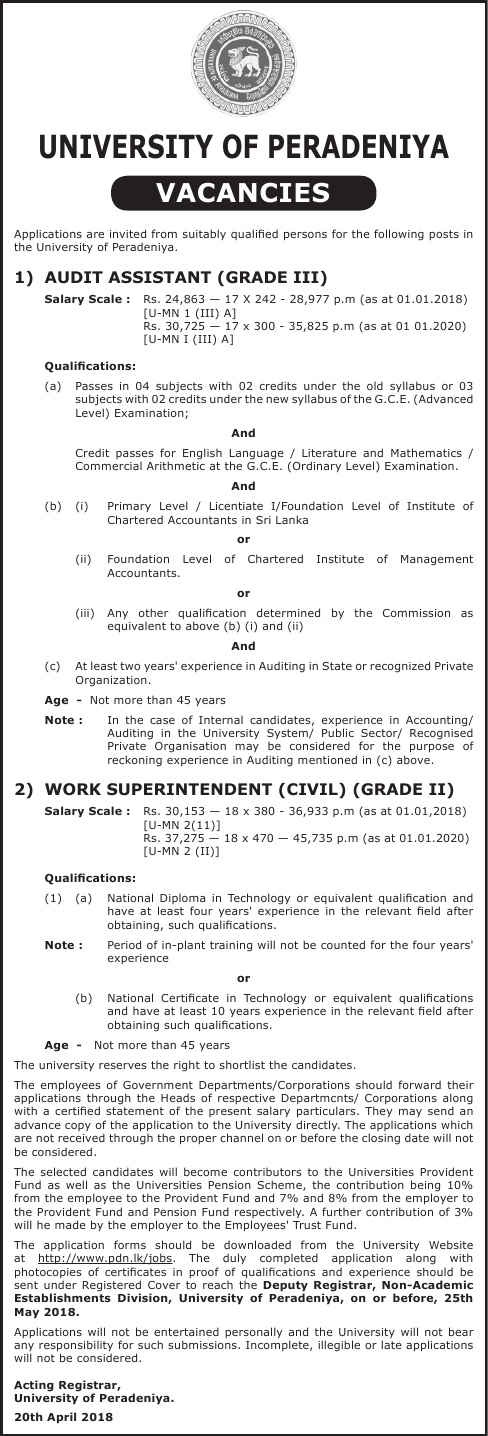 Audit Assistant, Work Superintendent (Civil) - University of Peradeniya